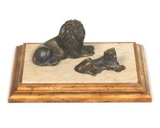 Patinated Bronze Sculpture of Lion and Lioness, on Wood and Marble Base 