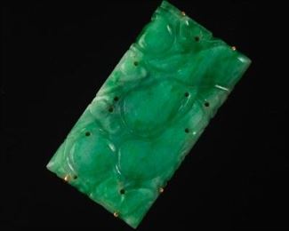Retro Carved Jade Plaque Brooch, Signed TH 
