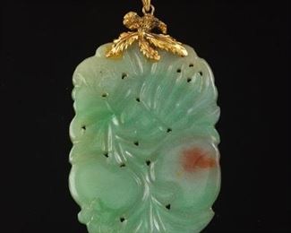 Retro Gold and Carved Large Jadeite Jade Pendant 