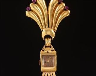 Retro Gold and Pink Sapphire Clinton Brooch Watch 