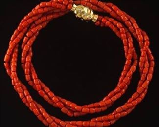 Retro Gold, Diamond ThreeStrand Coral Necklace 