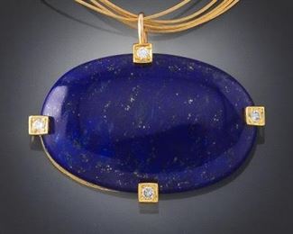 Shelle 18k Gold, Diamond and Lapis Pendant Brooch on Gold Necklace 