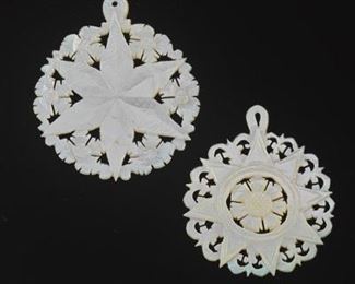 Set of Two Vintage Carved Mother of Pearl Star of Bethlehem Ornaments 