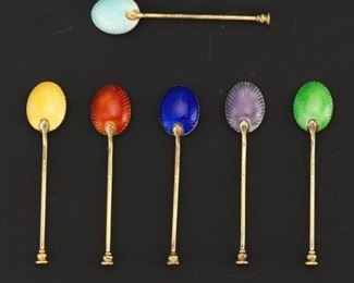 Six Guilloche Enamel Gold Washed Spoons, Birmingham