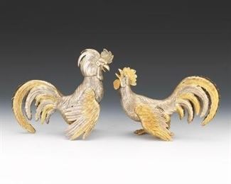 Spanish Parcel Gilt Sterling Silver Rooster and Hen Sculptures, ca. after 1934 
