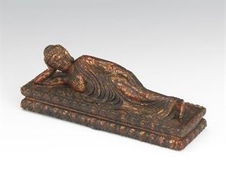 Tibetan Antique Gilt with Pigment Bronze Shrine Sculpture of Sleeping Buddha 