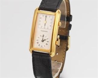 Tourneau Swiss Made 18k Gold Plated Dual Dial Watch with Leather Band 
