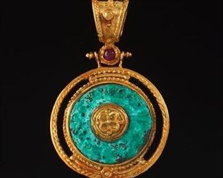 Turquoise Enamel and Gold Pendant 