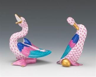 Two Herend Hungary Pink Geese Porcelain Figurines 