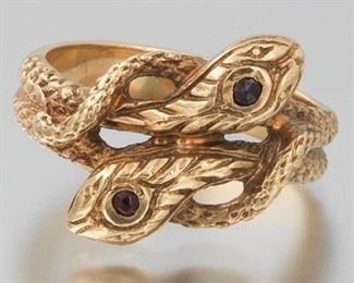 Victorian Gold and Garnet Double Serpent Ring 