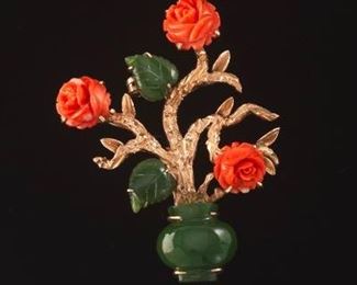 Vintage Carved Coral and Jade Vase Brooch 