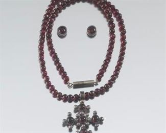 Vintage Garnet Bead Necklace and Cross 