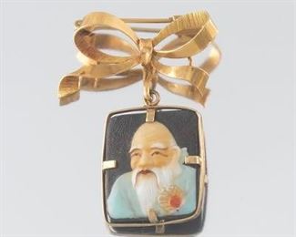 Vintage Gold and Chinese Button Brooch 