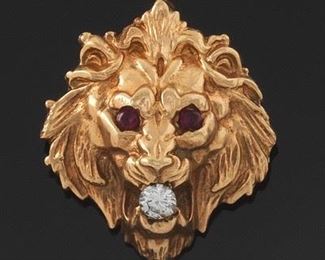 Vintage Gold, Diamond and Ruby Lion Head Pendant 