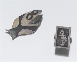 Whimsical Lot of a Fish Brooch and Sterling Silver Single Cufflink 