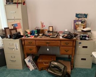 desk, filing cabinets, office supplies, vintage brief cases