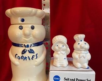 Pilsbury Dough Boy Cookie Jar and S and P Set