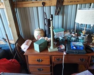 Vintage secretary desk, cookie jars , lamps