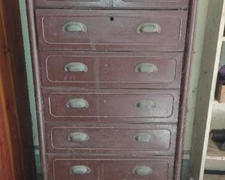 Antique metal cabinet and contents