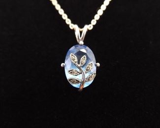 .925 Sterling Silver Art Nouveau Aquamarine Crystal Flower Pendant Necklace
