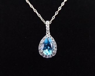 .925 Sterling Silver Pear Cut Topaz Crystal Pendant Necklace
