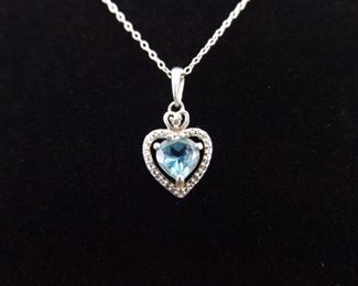 .925 Sterling Silver Heart Cut Topaz Crystal Pendant Necklace
