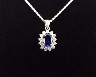 .925 Sterling Silver Sapphire Crystal Pendant Necklace

