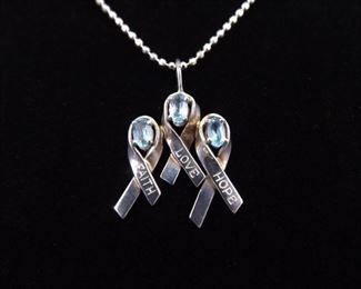 .925 Sterling Silver Topaz Crystal "FAITH LOVE HOPE" Ribbon Pendant Necklace
