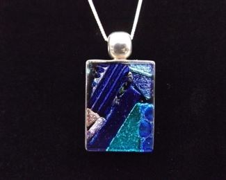 .925 Sterling Silver Blue Dichroic Glass Pendant Necklace
