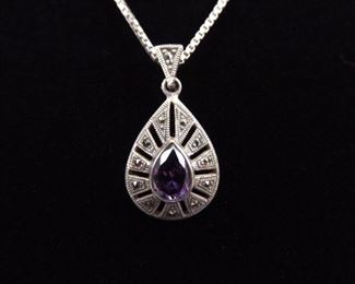 .925 Sterling Silver Art Nouveau Pear Cut Amethyst Pendant Necklace
