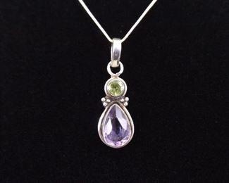 .925 Sterling Silver Faceted Peridot and Amethyst Pendant Necklace
