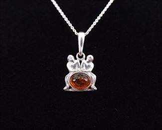 .925 Sterling Silver Amber Cabochon Friendship Pendant Necklace
