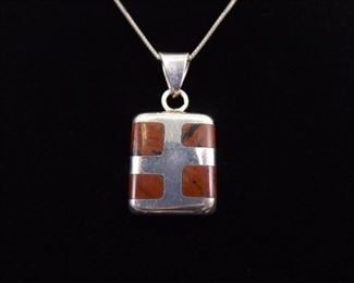 .925 Sterling Silver Inlayed Brown Jasper Pendant Necklace
