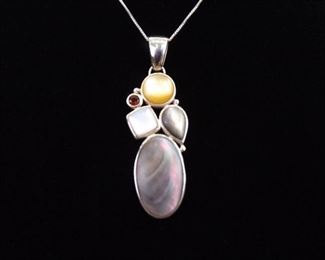 .925 Sterling Silver Abalone, Pearl, and Garnet Cabochon Pendant Necklace

