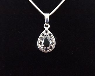 .925 Sterling Silver Pear Cut Black Onyx Pendant Necklace
