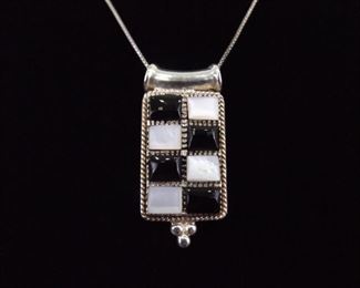 .925 Sterling Silver Black Onyx and Mother of Pearl Pendant Necklace
