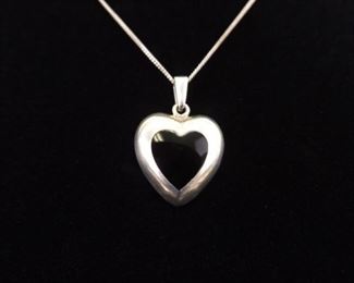.925 Sterling Silver Inlayed Black Onyx Heart Pendant Necklace
