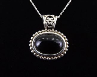 .925 Sterling Silver Black Onyx Cabochon Pendant Necklace
