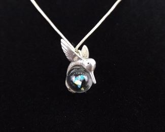 .925 Sterling Silver Humming Bird Crystal Ball Universe Pendant Necklace
