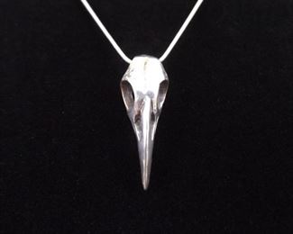 .925 Sterling Silver Raven Skull Pendant Necklace
