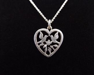 .925 Sterling Silver Love Birds Heart Pendant Necklace
