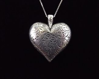 .925 Sterling Silver Large Etched Heart Pendant Necklace
