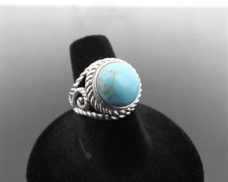 .925 Sterling Silver Cripple Creek Turquoise Cabochon Ring Size 7
