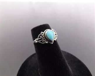 .925 Sterling Silver Inlayed Blue Gem Turquoise Ring Size 3
