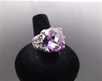 .925 Sterling Silver Large Amethyst Crystal Cocktail Ring Size 8.75
