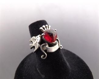 .925 Sterling Silver Love Bird Crowned Ruby Crystal Heard ID Ring Size 4.75
