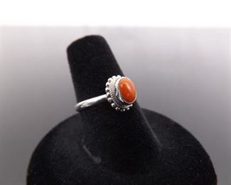 .925 Sterling Silver Red Coral Cabochon Ring Size 6.5
