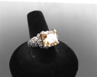 .925 Sterling Silver Princess Cut Citrine Scrolled Flower Ring Size 9
