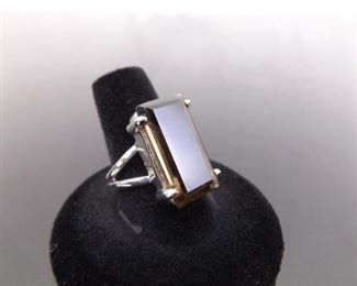 .925 Sterling Silver Emerald Cut Smokey Quartz Ring Size 9
