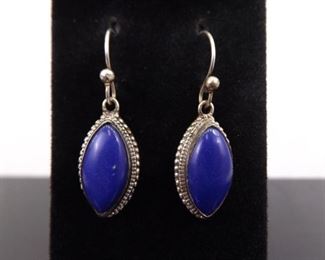 .925 Sterling Silver Large Lapis Lazuli Marquise Cabochon Dangle Hook Earrings
